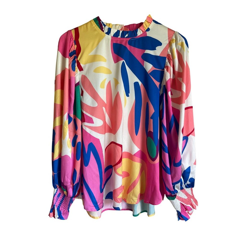 JODIFL Multicolor Abstract Print Long-Sleeve Blouse - Pink, Blue, Yellow, Green